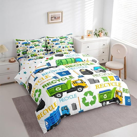 Castle Fairy Garbage Truck Twin Size Comforter Set with Sheets Recycling Trucks Decor Bedding Sets Cartoon Car Vehicle Trash Can Bedroom Dorm Decor Lightweight Bed Set All Season,7 Pcs
