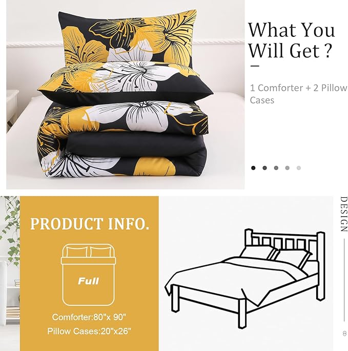 Menghomeus Full Comforter Set Black/Gold Floral Bedding Comforter Sets - Soft Microfiber Bed Comforter Set for All Season 3 Piece Botanical Flowers Comforter, Pillowcases