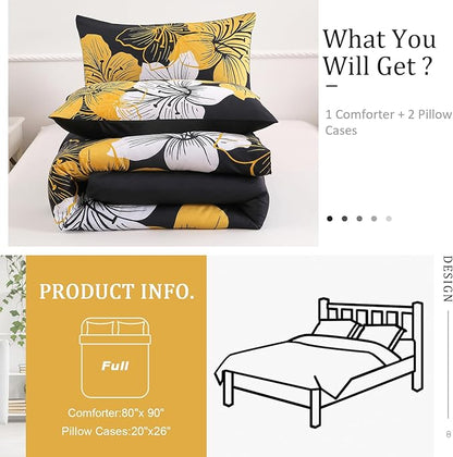 Menghomeus Full Comforter Set Black/Gold Floral Bedding Comforter Sets - Soft Microfiber Bed Comforter Set for All Season 3 Piece Botanical Flowers Comforter, Pillowcases