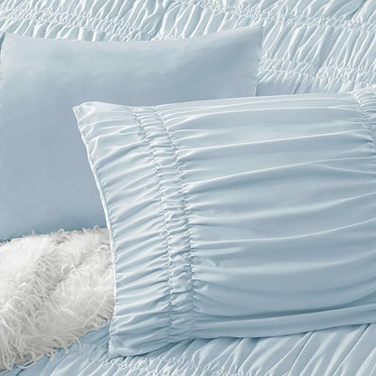 Intelligent Design Ruched Shabby Chic Comforters for Twin Size Bed, All Season Lightweight Comforter Twin, French Country Bedding Set, Sham, Ella, Twin/Twin XL, Blue, 2 Piece