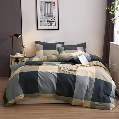 VM VOUGEMARKET Full Comforter Set,3 Pieces Black Gray Plaid Bedding Comforter with 2 Pillowcases Modern Simple Checkered Comforter Set for Teens Boys Men-80x90 Inch
