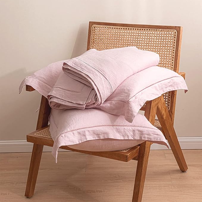 Simple&Opulence 100% Washed Linen Duvet Cover with Embroidered, 2 Pieces Soft Farmhouse Comforter Set with Button Closure,1 Duvet Cover and 1 Pillowsham(Twin,Dusty Pink)