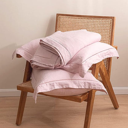 Simple&Opulence 100% Washed Linen Duvet Cover with Embroidered, 2 Pieces Soft Farmhouse Comforter Set with Button Closure,1 Duvet Cover and 1 Pillowsham(Twin,Dusty Pink)