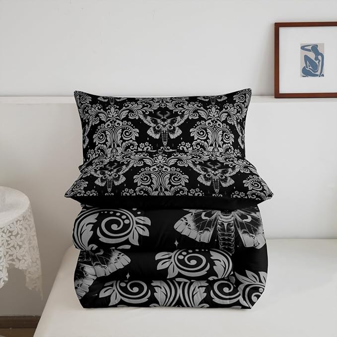 Feelyou Adults White Black Vintage Damask Floral Comforter Set Oriental Antique Comforter King Size Gothic Bohemia Boho Flower Bedding Set Gothic Skull Duvet Set Quilt Set 3Pcs