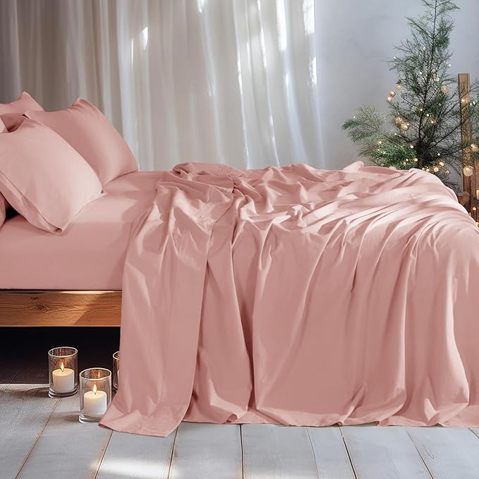 LBRO2M 100% Pure Linen Sheet Set Deep Pocket Up to 16" Bed Sheets Sets, Natural Flax Beddings Soft, Breathable, Comfortable for All Seasons 6 Pcs Sheet Set King Size, Blush Pink