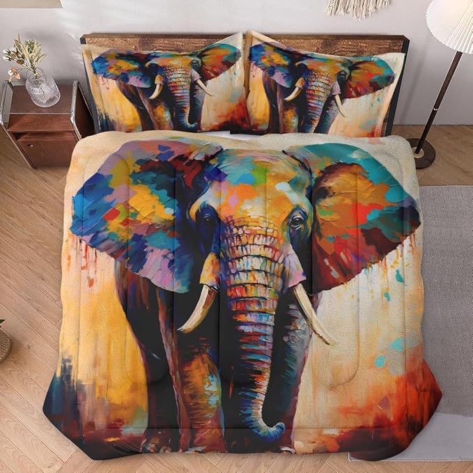 Queen Size Comforter Set with 2 Pillowcases, Painting Colorful Elephant Soft 3 Pcs Bedding for Kids and Adults Bedroom Bed Decor