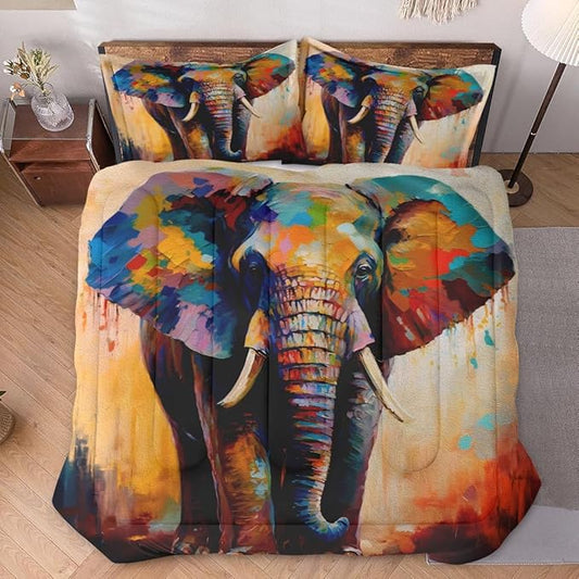 Twin Size Comforter Set with Pillowcase, Colorful Wild Animal Elephant Soft 2 Pcs Bedding for Kids and Adults Bedroom Bed Decor
