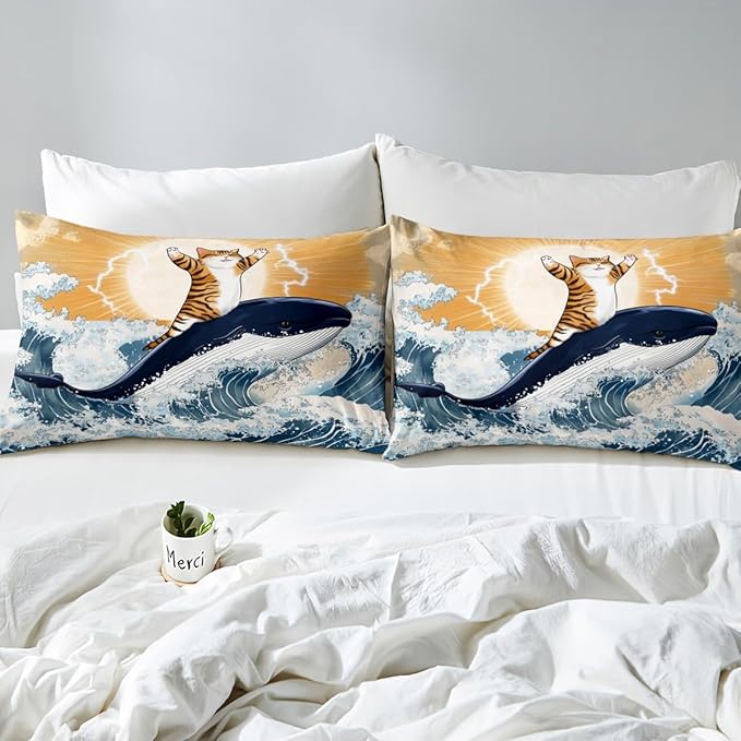 Feelyou Cute Cat Whale Bedding Set Full Size Japanese Ukiyoe Theme Duvet Cover for Adult Kids Boys Girls Cartoon Anime Comforter Cover Set Navy Blue Bedspread Cover 3Pcs Zipper