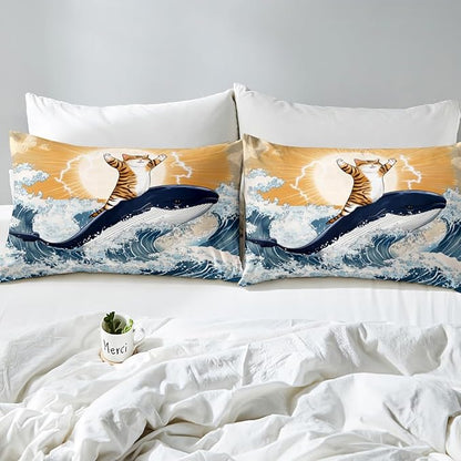 Feelyou Cute Cat Whale Bedding Set King Size Japanese Ukiyoe Theme Duvet Cover for Adult Kids Boys Girls Cartoon Anime Comforter Cover Set Navy Blue Bedspread Cover 3Pcs Zipper