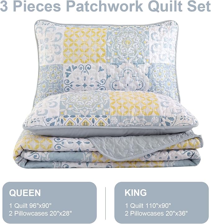Dobuyly Queen Quilt Set 3 Pieces, Blue/Yellow/Grey Patchwork Bedspreads, Boho Summer Coverlet Set, Soft Lightweight Microfiber Bedding Set for All Seasons 96"x90"