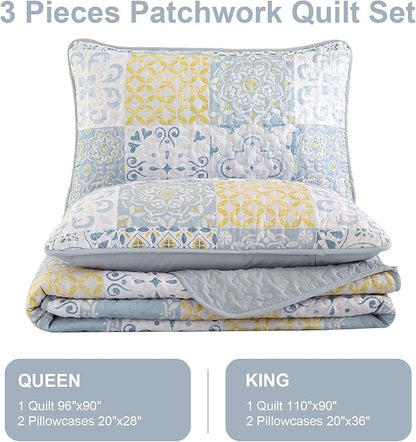 Dobuyly Queen Quilt Set 3 Pieces, Blue/Yellow/Grey Patchwork Bedspreads, Boho Summer Coverlet Set, Soft Lightweight Microfiber Bedding Set for All Seasons 96"x90"