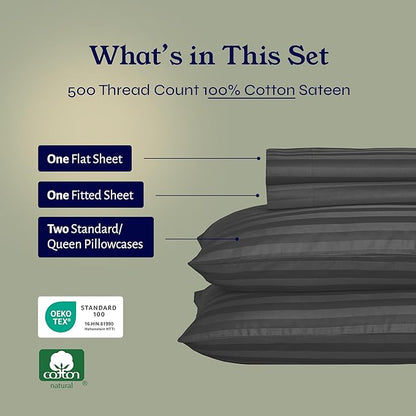 California Design Den - Luxury Full Sheets Sets Cotton Soft 100% Cotton Sheets Deep Pockets Snug Fit Elastic, 500 Thread Count Sateen, Damask Stripe Bed Sheets (Stripe - Grey)