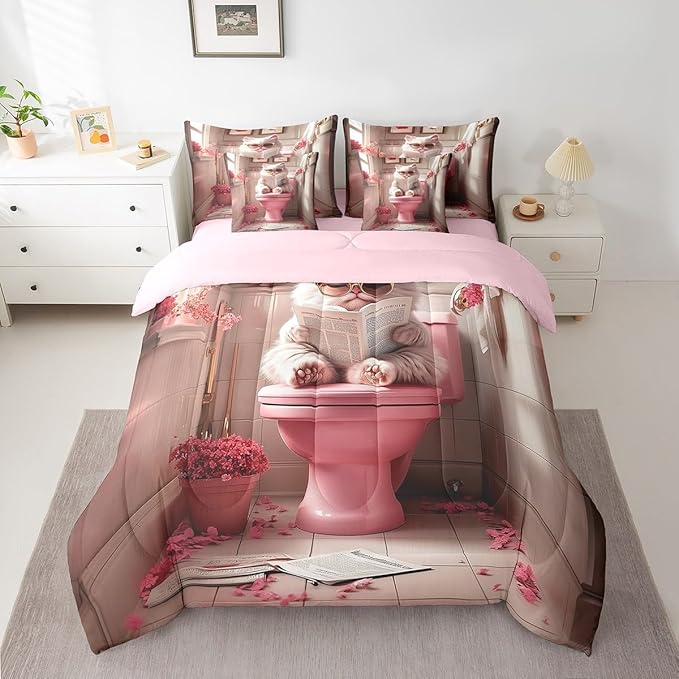 jejeloiu Cute Cat Bedding Set 7Pcs King Size Kids Kawaii Kitten Comforter Set with Sheets for Boys Girls Pink Bed in a Bag Soft Lightweight,Microfiber