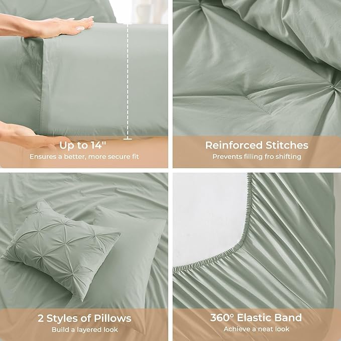 Sasttie California King Comforter Set, 7-Piece Bed in a Bag, Pintuck Bedding Sets for All Season, Includes Comforter, Flat Sheet, Fitted Sheet, Pillowcases and Pillowshams, Dusty Green