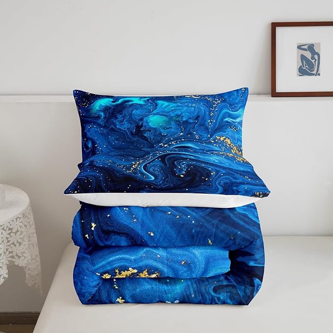 Erosebridal Stone Pattern Comforter Set Twin, Ocean Blue Marble Bedding Set Trippy Fluid Liquid Down Comforter Gypsy Golden Glitter Pattern Quilt Set Blue Tie Dye Kids Comforter Sets Bedroom Decor