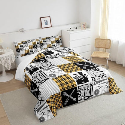 Kids Boys Car Comforter Set Wrench Repair Outfit Bedding Set Farmhouse Gingham Check Bedding Home Decor Yellow Gray Comforter Full Size 3 Pieces Quilted Duvet Set with 2 Pillowcase