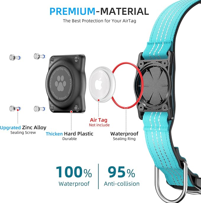 Upgrade Dog Collar with AirTag Holder, IP68 Waterproof, Blue, M