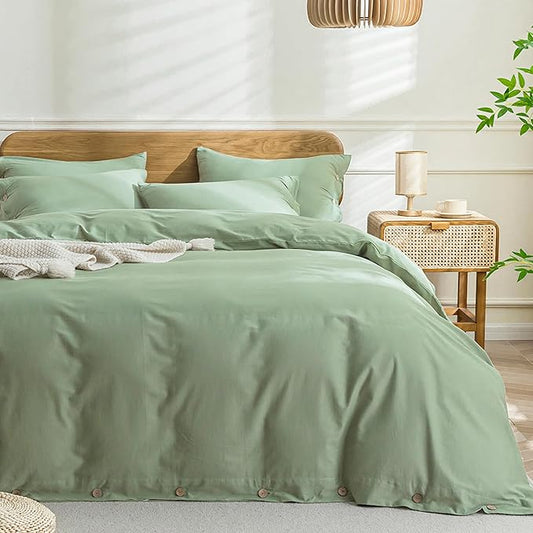 JELLYMONI Cotton Duvet Cover Cal King Size - Light Green Comforter Cover with Button 100% Washed Cotton 3PCS Breathable Soft Solid Bedding Set Duvet Cover 104×98in & 2 Pillowcases (NO Comforter)