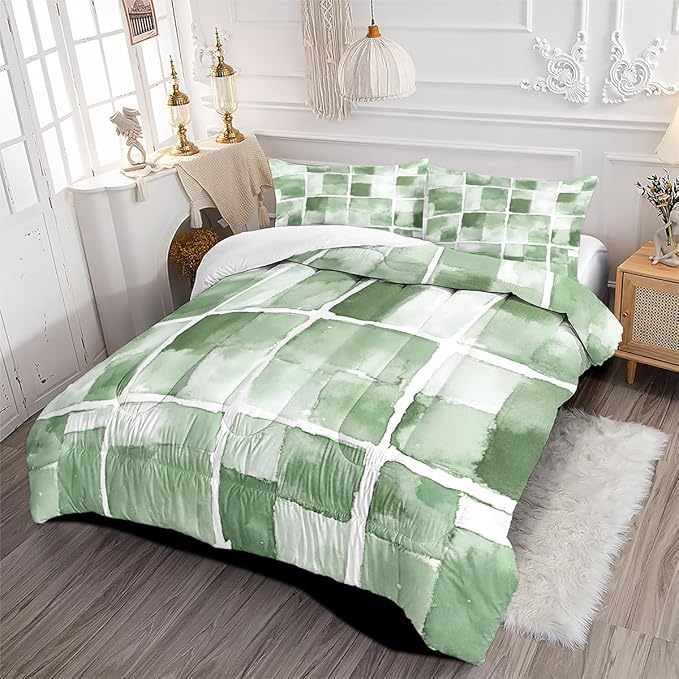 3Pcs Adults Green Geometric Checkered Bedding Set, Modern Geometric Comforter Set Queen Size, Dorm Bed Set for Bedroom Decor with Comforter (90" x 90") and 2 Pillowcases