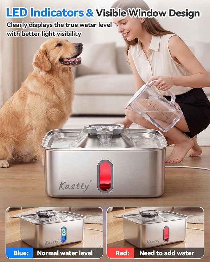 Kastty 4Gal/15L Dog Water Fountain, Large Capacity Stainless Steel Pet Water Fountain with Water Level LED Light, Ultra Quiet Dog Water Bowl Dispenser for Large Multi-Pet, Easy to Clean (FS78,Grey)