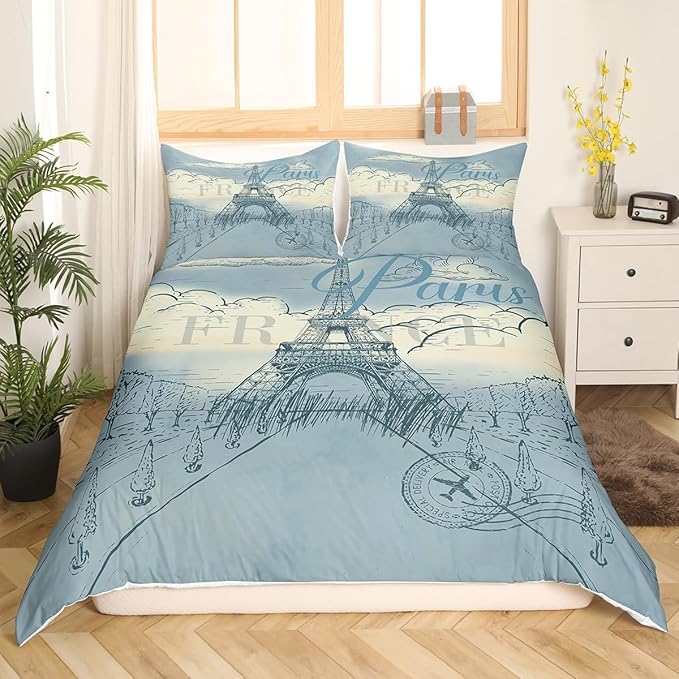 Castle Fairy Eiffel Tower Bedding Set Retro Paris Style Duvet Cover Set Vintage Cityscape Comforter Cover Boys Girls Landmark Bedspread Cover Bedroom Quilt Cover Queen with 2 Pillowcase,No Comforter