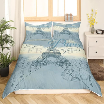 Castle Fairy Eiffel Tower Bedding Set Retro Paris Style Duvet Cover Set Vintage Cityscape Comforter Cover Boys Girls Landmark Bedspread Cover Bedroom Quilt Cover Queen with 2 Pillowcase,No Comforter