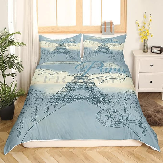 Castle Fairy Eiffel Tower Bedding Set Retro Paris Style Duvet Cover Set Vintage Cityscape Comforter Cover Boys Girls Landmark Bedspread Cover Bedroom Quilt Cover Queen with 2 Pillowcase,No Comforter