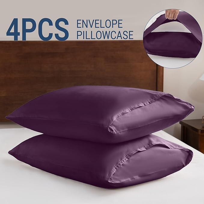 Pillowcases King 4 Pack, 20x36 Pillow Cases with Envelope Closure, Soft Plain Brushed Microfiber Covers Breathable Wrinkle-Resistant, Dark Purple