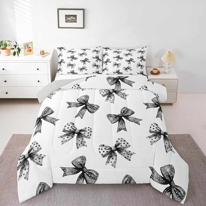 Erosebridal Bow Kids Comforter Set | Ribbon Black Bow Bedding Queen Size Coquette Bowknot with Dots Down Comforter Dreamy Princess Bowtie Duvet Set for Bedroom
