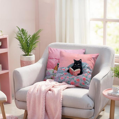 Funny Cat Reader Book Pillow Cover 18 x 18 Set of 2, Reading Nook Corner Decor, Preppy Floral Black Orange Tabby Tuxedo Cats Bookish Pillowcase, Gifts for Book Lovers