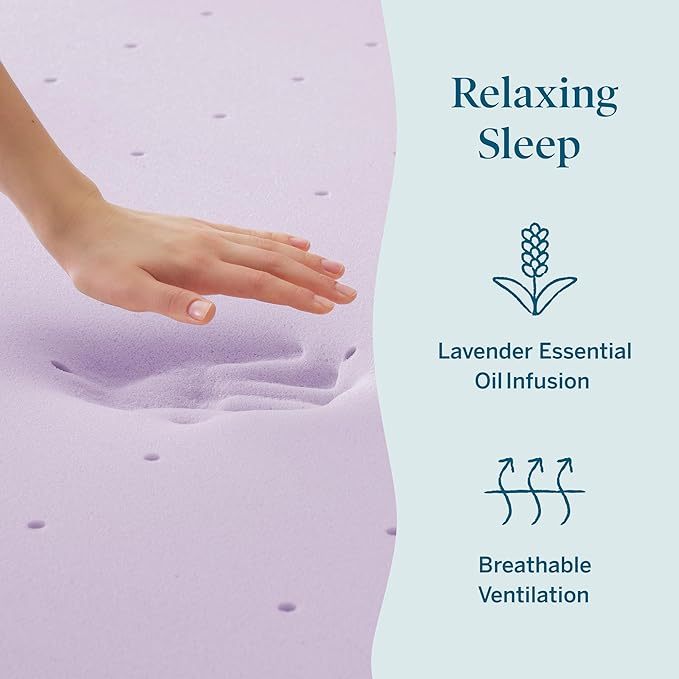 Lucid 4 Inch Lavender Memory Foam Mattress Topper, Twin XL Size – Essential Oil Infusion – Ultra Plush Feel, Pressure-Relieving Bed Topper – Ventilated and Breathable – CertiPur Certified