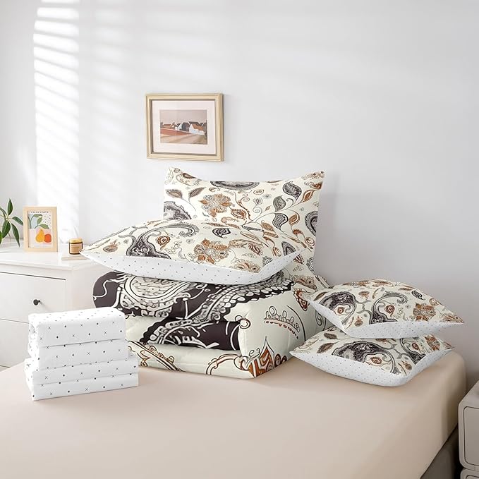 Paisley Flowers Comforter Set 7 Pieces,Western Floral Boho Bed Set,Rustic Botanical Plants Bedding Bed in a Bag,King (1 Comforter,2 Pillowcase,2 Pillow Covers,1 Flat Sheet,1 Fitted Sheet)
