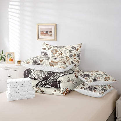 Paisley Flowers Comforter Set 7 Pieces,Western Floral Boho Bed Set,Rustic Botanical Plants Bedding Bed in a Bag,Twin (1 Comforter,2 Pillowcase,2 Pillow Covers,1 Flat Sheet,1 Fitted Sheet)