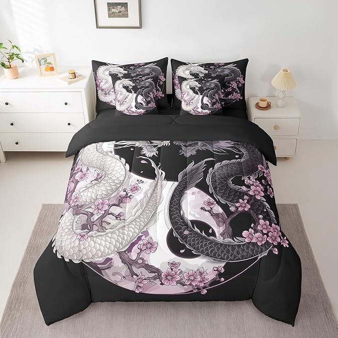 Feelyou Dragon Comforter Set 7 Pieces Queen Size Yin Yang Cherry Flower Bedding Set for Boys Girls Wildlife Bed in a Bag with Comforter, Sheets, Pillowcases & Cushion Covers