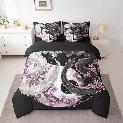 Feelyou Dragon Comforter Set 7 Pieces Full Size Yin Yang Cherry Flower Bedding Set for Boys Girls Wildlife Bed in a Bag with Comforter, Sheets, Pillowcases & Cushion Covers