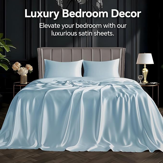 BEDELITE Satin Sheets Twin Size Bed Set, Luxury Soft Light Blue Silky Sheets for Hair and Skin, Similar to Silk Bed Sheets Set 3 Pieces with 1 Deep Pocket Fitted Sheet, 1 Flat Sheet, and 1 Pillowcase