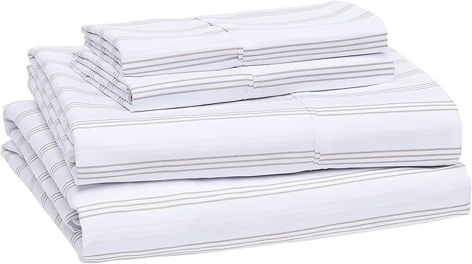 Amazon Basics Lightweight Breathable Brushed Microfiber 4-Piece Bed Sheet Set,Wrinkle Resistant with 14-Inch Deep Pockets,Queen,Taupe Stripe,(Pack of 4)