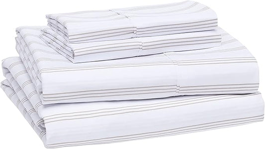 Amazon Basics Lightweight Breathable Brushed Microfiber 4-Piece Bed Sheet Set,Wrinkle Resistant with 14-Inch Deep Pockets,Queen,Taupe Stripe,(Pack of 4)