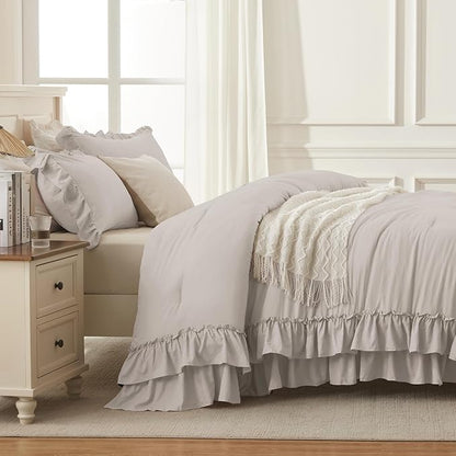 Andency Linen Grey King Comforter Set (104x90Inch), 3 Pieces Ruffle Bedding Set with 2 Pillowcases, Farmhouse Shabby Chic Lightweight Fluffy Soft All Season Bed Set