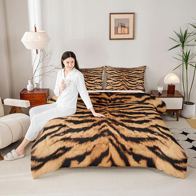 3D Tiger Skin Comforter Set Wild Africa Animals Bedding Set Full Size Kids Teens Men Adult Home Room Decor Abstract Black Brown Stripes Quilted Duvet Romantic Vintage Bedspread,2 Pillowcases