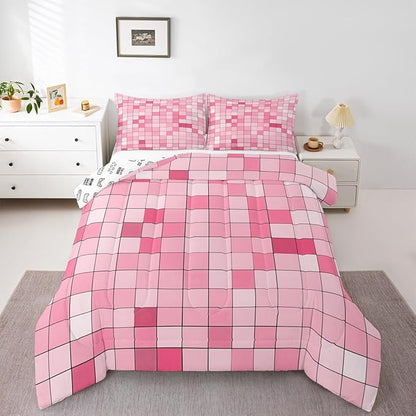 Pixelated Blocks Miners Comforter Set King Size,Video Games Game Gamepad Kids Bedding Set,Geometric Grid Patchwork Quilt Comforter,Pink Duvet Insert,2 Pillowcases