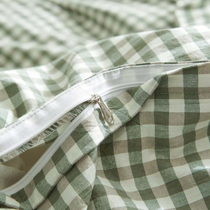 Nayoroom Gingham Duvet Cover King Size 100% Washed Cotton Green Plaid Checkered Comforter Cover 3 Pcs Soft Breathable Grid Farmhouse Dorm Bedding Set for All Seasons