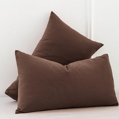 MooMee Bedding Pillowcases Pack of 2 100% Washed Cotton Linen Like Textured Breathable Durable Soft Comfy (Solid Cocoa Brown, King)