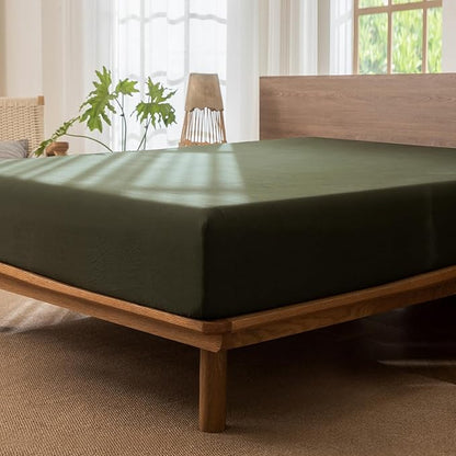 MooMee Fitted Bottom Sheet Only 100% Washed Cotton Linen Like Textured Breathable Durable Soft Comfy Deep Pocket Fits Mattress up to 17" (Olive Green, Queen)