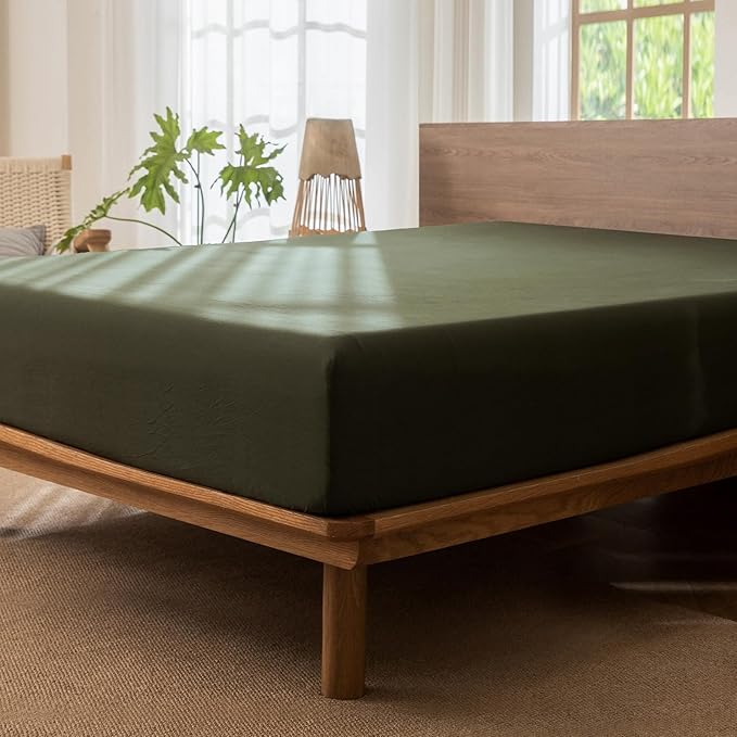 MooMee Fitted Bottom Sheet Only 100% Washed Cotton Linen Like Textured Breathable Durable Soft Comfy Deep Pocket Fits Mattress up to 17" (Olive Green, Twin)