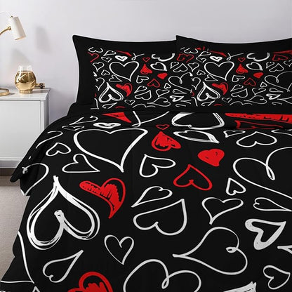 Nesker Comforter Set King Size, Heart Love Red Black 7 Pcs Bedding for Kids and Adults, My Happy Valentine Bed Sheet Sets with Fitted Sheet 2 Pillowcases & 2 Shams