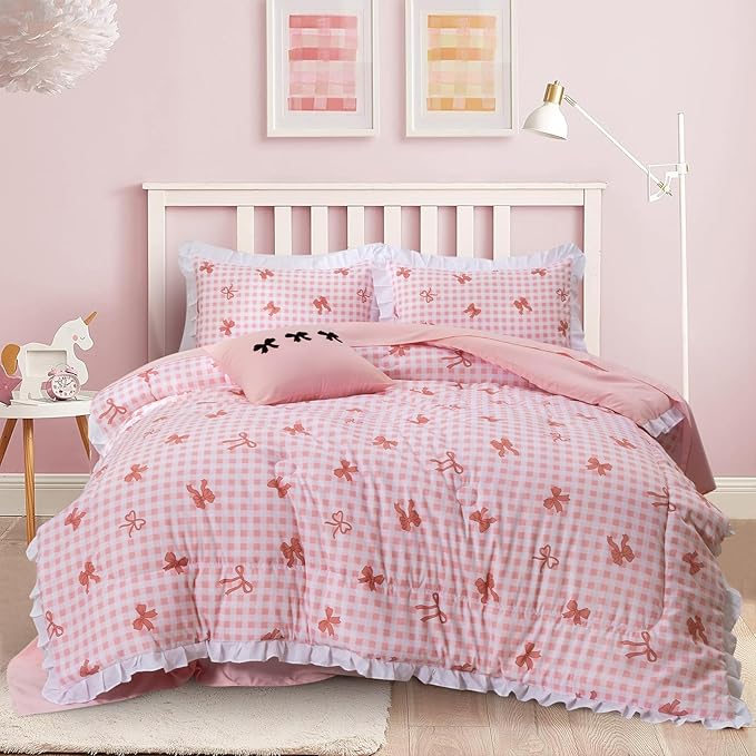 A Nice Night Bow Comforter Set,6 Piece Bed in a Bag with Comforter & Sheet Set,Chic Grid Bowknot Bedding Sets,Princess Themed Bed Sets for Kids Girls,Full