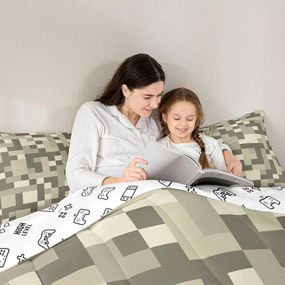 Pixelated Miners Blocks Kids Bedding Set King Size,Patchwork Square Video Games Comforter Set,Geometric Patchwork Grid Quilt Comforter,Light Gray Bedroom Duvet Insert,2 Pillowcases