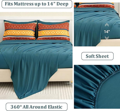 WONGS BEDDING Boho Comforter Set King Size,7 Pieces Bed in a Bag Bohemian Striped Bedding Set,Burnt Orange Paisley Floral Comfortet and Sheet Set,Soft Microfiber Bedding Sets for All Season