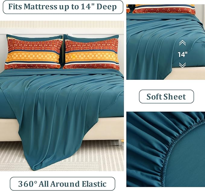 WONGS BEDDING Boho Comforter Set Queen Size,7 Pieces Bed in a Bag Bohemian Striped Bedding Set,Burnt Orange Paisley Floral Comfortet and Sheet Set,Soft Microfiber Bedding Sets for All Season
